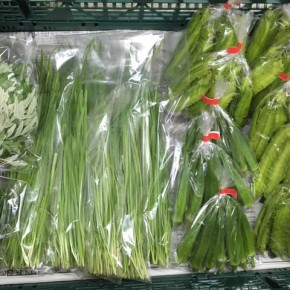 6/23(fri)本日の仕入れです。  北中城村ソルファコミュニティさんの自然栽培のニラ・うりずん豆・角オクラ・ヨモギ・ツルムラサキ、が入荷しました。